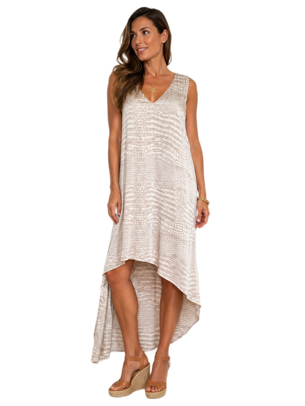 BCBGMAXAZRIA Avery Croc Print High Low Maxi Dress Pumice Beige XS